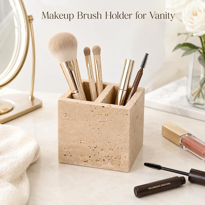 Natural Travertine Pen Holder, 2-Compartment Desk & Makeup Brush Organizer | Pen Holder for Pens, Scissors and Office Desk Decor, 3.94 x 3.94 x 3.94 in