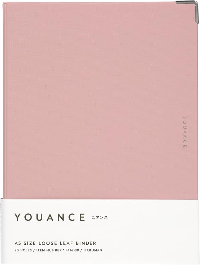 Maruman YOUANCE 20-Ring Binder, Holds 70 Sheets, A5 5.83"x8.27", Light Pink | Durable Vinyl Cover, Storage Pocket, Includes 10 3mm Graph Paper Sheets & Clear Sheet Protector, Made in Japan