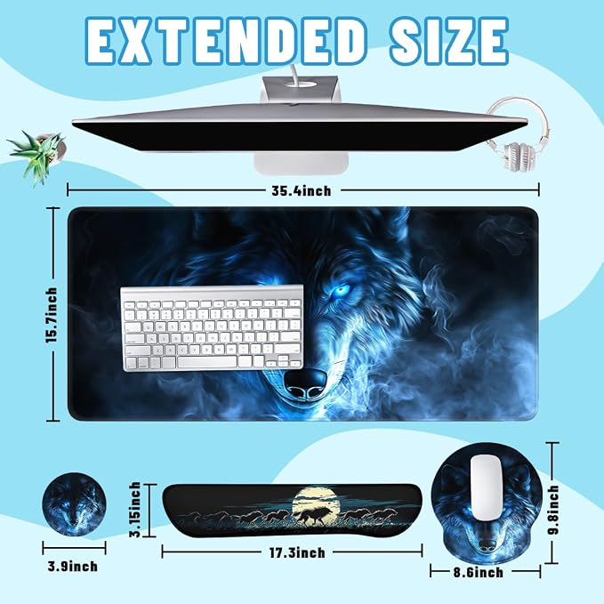 Blue Wolf Mouse Pad Set Glowing Eyes Fantasy Animal Smoke Art Gaming Mousepad 4in1 Desk Mat for Desktop Wrist Support Cup Coaster Set Ergonomic Computer Desk Arm Wrist for Decor Home Office