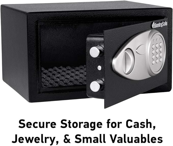 SentrySafe Medium Safe with Digital Keypad, Lock Box with Code has Interior Lining and Bolt Down Kit that Secures Pistol, Money, 0.41 Cubic Feet, 7.6 x 11.4 x 10.4 Inches, X041E