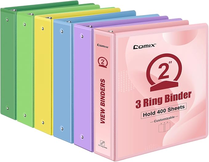 COMIX Sturdy Standard 2 Inch 3 Ring Binder with Clear View Cover | 2"Round Ring,PVC-Free,Holds 400 Letter Sheets,Morandi Multicolor for Students & Office,6 Pack (Multicolored)