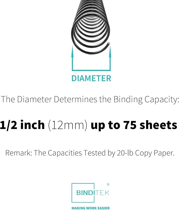 Binditek Metal Spiral Binding Coils, 12 mm, 4:1 Pitch, Black, 30 Pack | Coil Binding Spines, 1/2", 90 Sheet Capacity, 48 Loops, for Letter-Size Reports, Presentations, School and Office Projects