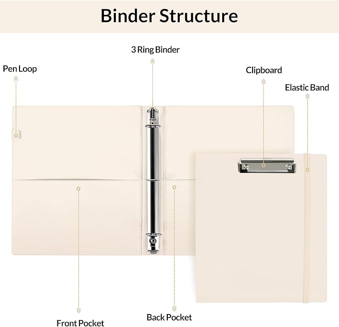 SKYDUE 3 Ring Binder with Clipboard,1 Inch Binder, 13.2" × 10.2" PU Clipboard Binder with Notepad & 5 Dividers with 5 Pockets, Labels, Clipboard Folder Great for School Office(Fit Letter Sized Paper)