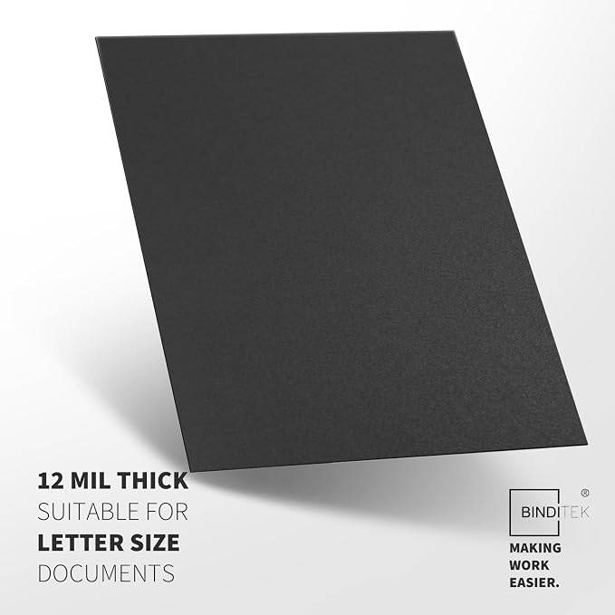 Binditek 12 Mil Sand-Textured Binding Covers, Letter Size, Black, 50 Pack | Plastic Binding Covers, 8.5" x 11", Subtle Matte Finish, Square Corners, Unpunched, Ideal for Business Reports and Proposals
