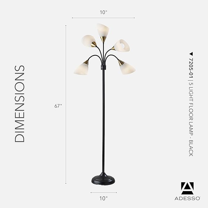 Adesso 5-Light Floor Lamp, Black, Movable Shades, Adjustable, 67”