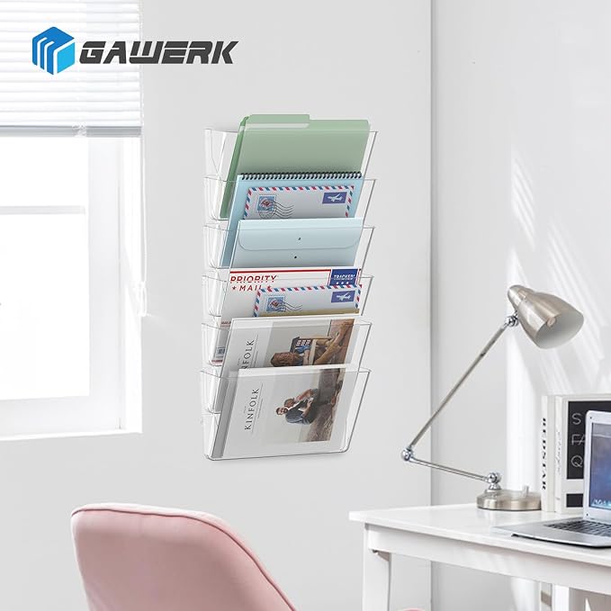 Gawerk Single Pocke Wall Mount File Holder Organizer (Clear, 4 Pack) | Acrylic Hanging Wall Organizer, Plastic Wall Mount Mails Magazines Organizer for Office and Home