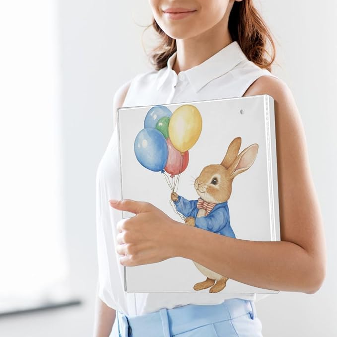 Colorful Balloon Rabbit Binder 1.5 Inch Binder with Clipboard&Pockets, Cute Bunny Hardcover Binders 3 Ring, Heavy Duty Large File Folder for Office School Supplies-Holds 200 Sheets, 2 Pack