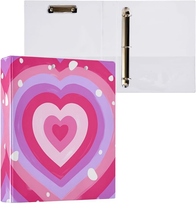 Aslsiy Kids 3 Ring Binder 1.5 Inch Pink Purple Hearts (1) Girls Round Clipboard Binder Decorative Harcover Binders Organizer for Office School Supply