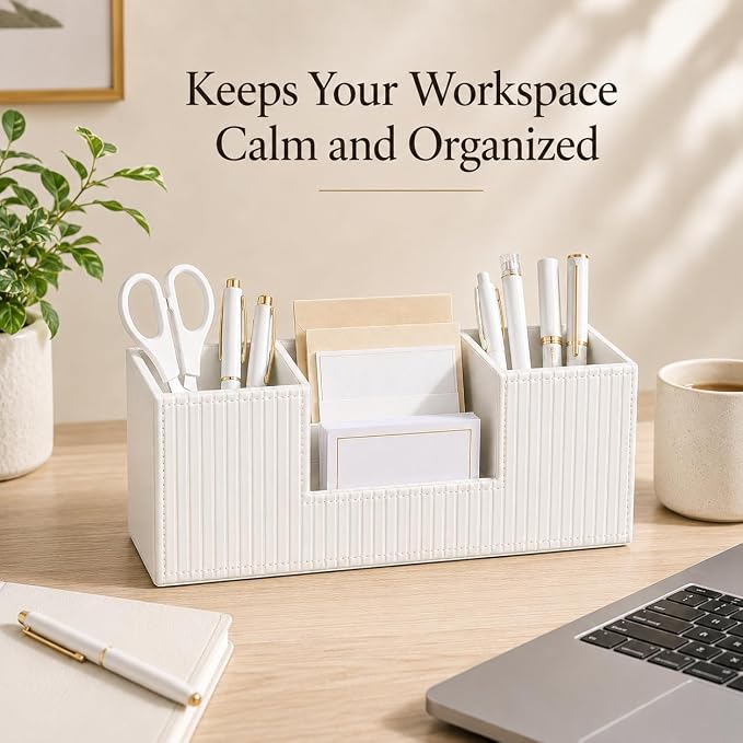 GORESE Pen Organizer for Desk, PU Leather Office Pen Holder, Ivory White | 4-Compartment, Vegan Leather, Office Supplies, Desk Caddy Nightstand Organizer for Pen, Pencil, Remote Control, Business Card