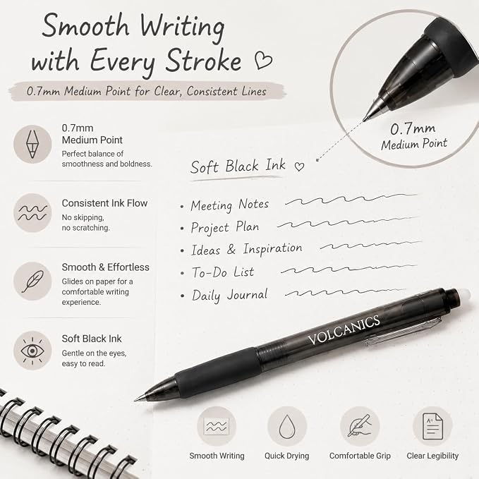 Volcanics Erasable Gel Pens, Retractable, 0.7mm, Soft Black,24 Pack