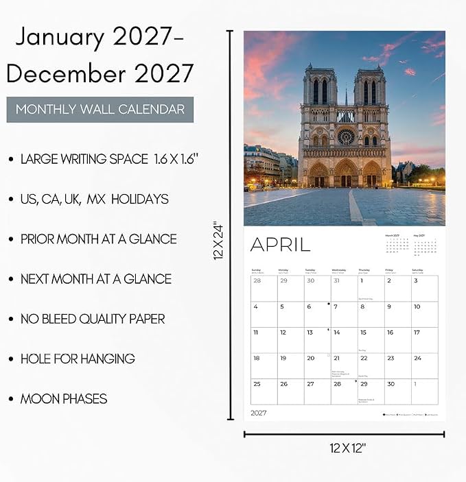 Paris 2027 Wall Calendar, 12 x 24 Hanging Pacific Waters Press