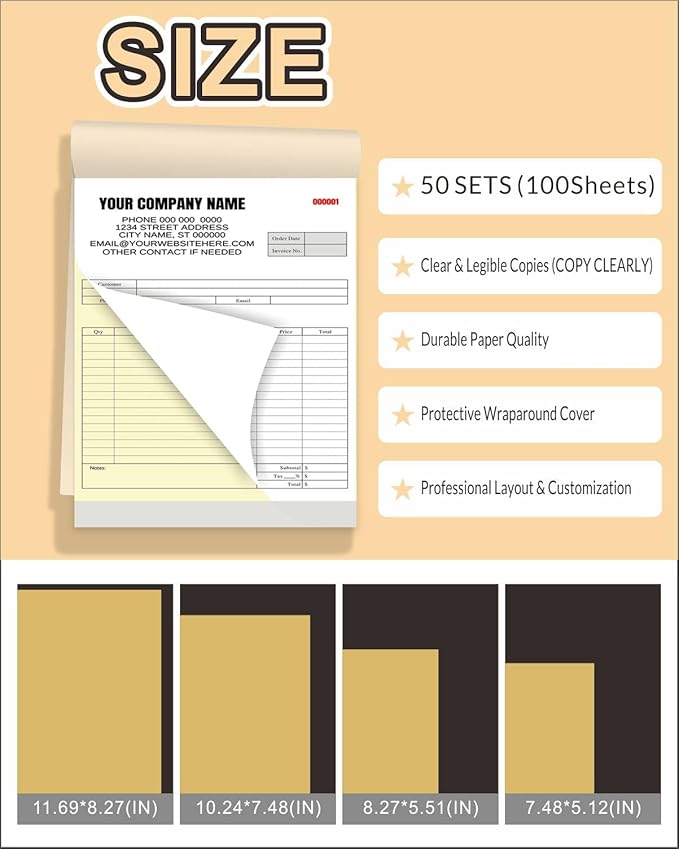 Custom Carbonless Invoice Book with Logo, Personalized Cover & Inner Pages, 2 Part NCR Receipt & Work Order Forms, Easy Tear, Writing Shield for Small Business (2-Part [White/Yellow], 11.8x8.3INCH)