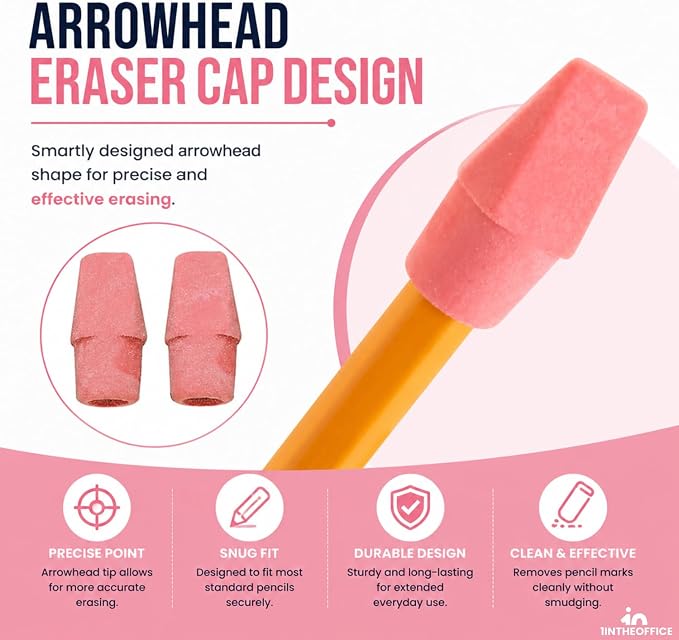 1InTheOffice Pencil Cap Erasers, Assorted Colors, Arrowhead Caps Tops Eraser, Eraser Cap for Art, School, Office Use, and Classroom Set, (Pink, 288 Pack)