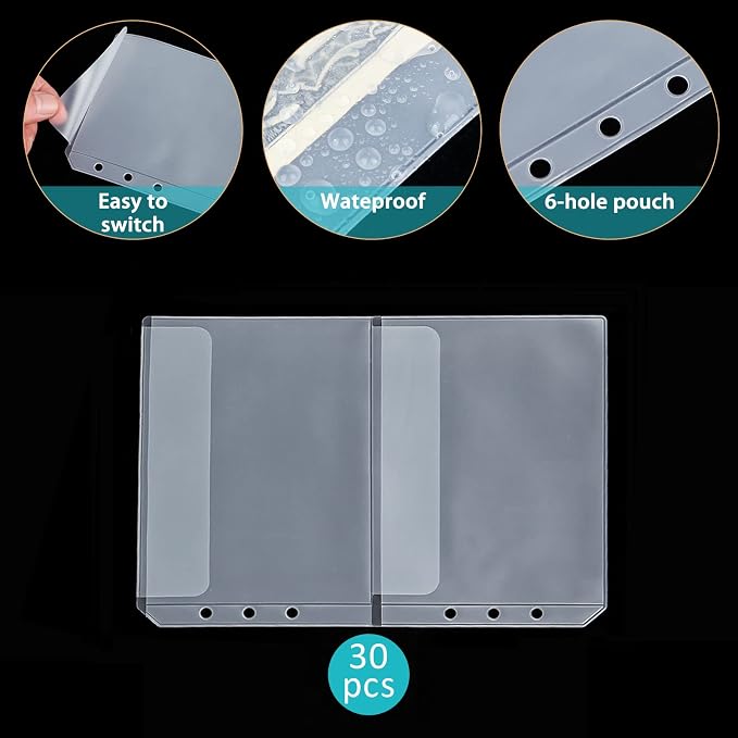 30pcs Dichotomy A5 Binder Pocket no Zipper Clear Budget Planner Inserts Bulk Binder Organizer Cash Envelopes for Budgeting Waterproof PVC Loose Leaf Bags Card Sleeves for 6 Ring Notebook