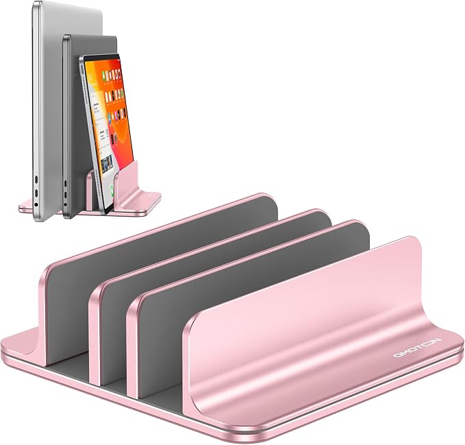 OMOTON 3-Slot Multiple Vertical Laptop Stand, Fits MacBook, Rosegold | Adjustable Width 0-1.38", Aluminum Office Space-Saving for Desk, Fits MacBook/Book/iPad Up to 17.3in