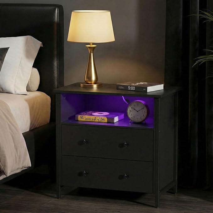 27 Inch LED Nightstand with Charging Station, 2 Drawers, Black | RGB App Control, 2 AC Outlets & 2 USB Ports, Open Storage, Adjustable Feet, Wood Tall Nightstand for Bedroom or Office