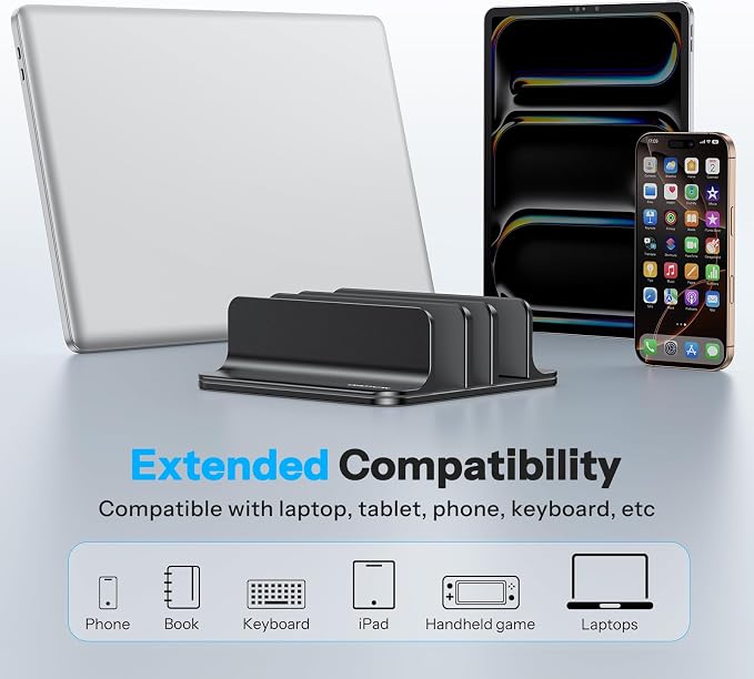 OMOTON 3-Slot Multiple Vertical Laptop Stand, Fits All MacBook, Black | Adjustable Width 0-1.38", Aluminum Office Space-Saving for Desk, Fits MacBook/Book/iPad Up to 17.3in