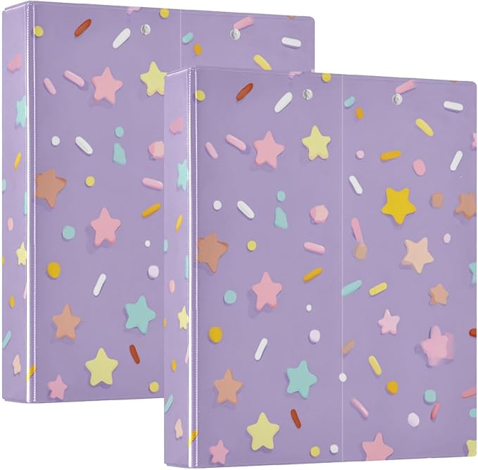 Aslsiy Ice Cream Confetti 3 Ring Binder 1.5 Inch Purple Star Round Clipboard Binder Decorative Harcover Binders Organizer for Office Supplies