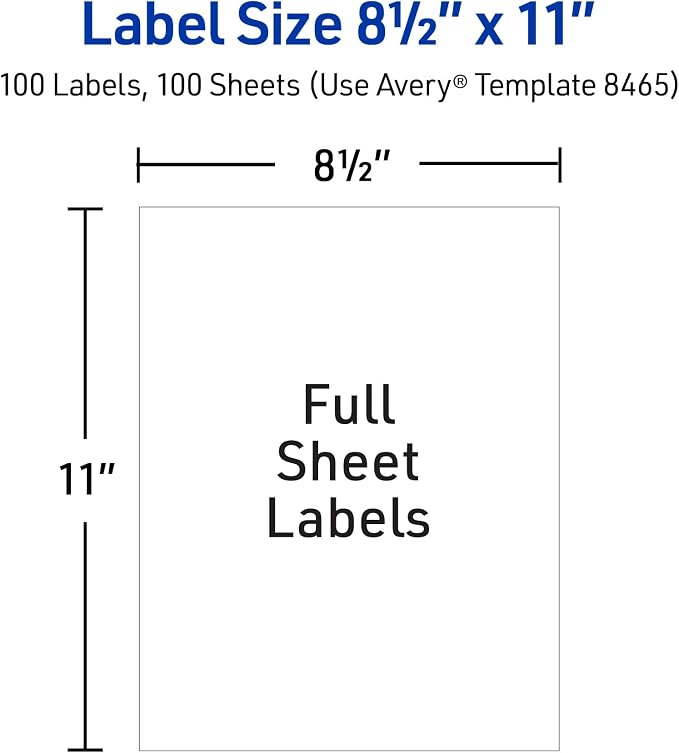 Avery® Full-Sheet Printable Shipping Labels, 8.5" x 11" Customizable Stickers, White, 100 Blank Mailing Labels, Great for Mailing, Shipping, Organizing, and More (8465)