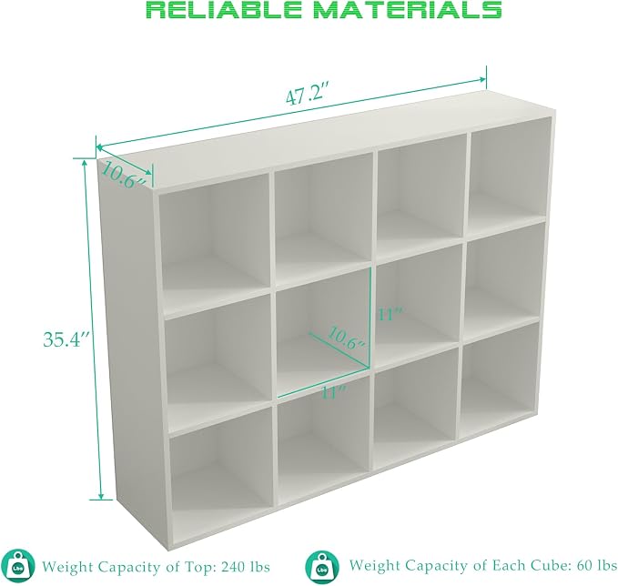12-Cube Storage Shelf Bookcase, Warm White | Wooden 3-Tier Open Bookshelf, Fits 11×11" Bins, Vertical or Horizontal Use, Full Back Panels, For Home Office