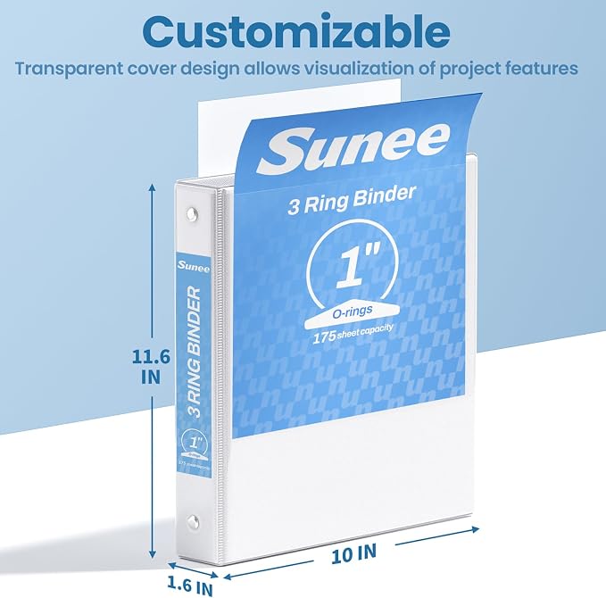 SUNEE 1 Inch Binders 3 Ring 4 Pack, PVC-Free Clear View 1" Binders (Fits 8.5x11 Inches) for School, Office & Home Use, White