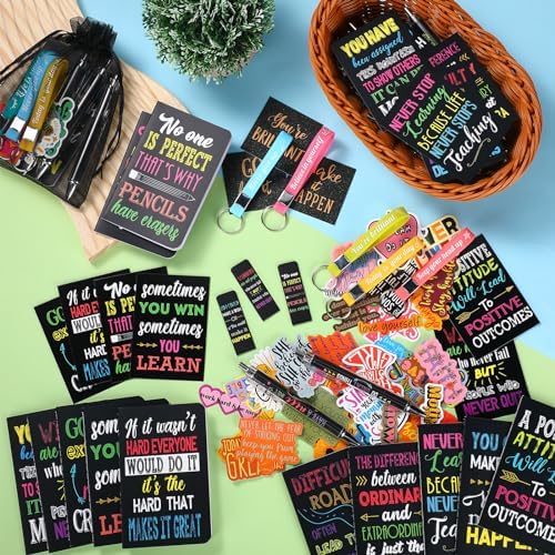 Pasimy 218 Pcs Inspirational Stationery Gifts Motivational Mini Notepad Pen Quote Bookmarks Stress Relief Stickers Inspiring Silicone Keychains for Home Office Appreciation Gift(Dark)