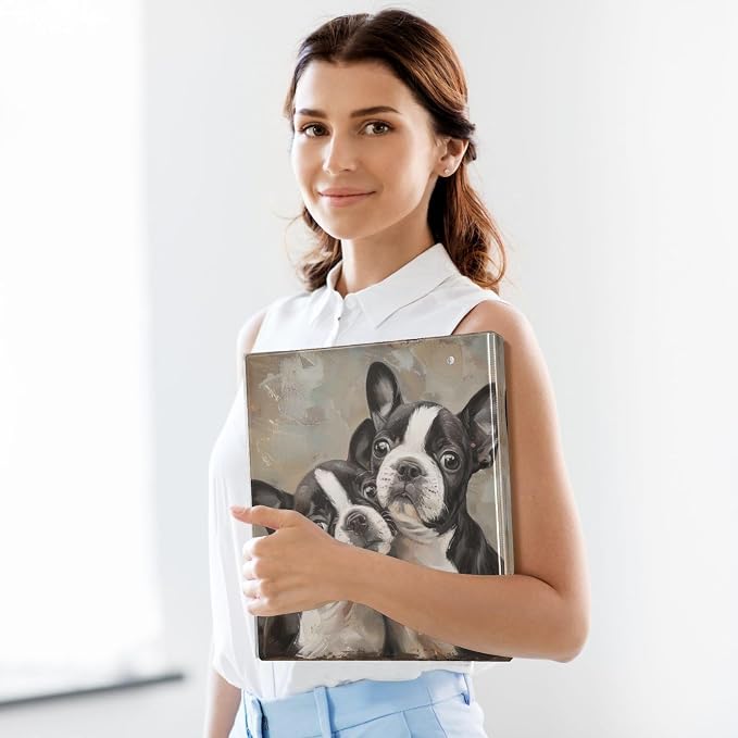 3 Ring Binder 1.5 Inch Boston Terrier Puppies Brown Clipboards Binders with Interior Pockets Round Ring Binder for Office Supplies and School 1 Pack
