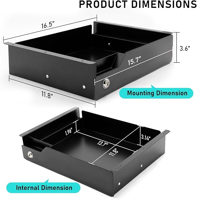Under Desk Drawer Storage with Lock, Metal Undermount Table Drawer, Ball Bearing Slides Out Tray Organizer for Paper, Pencil, and Laptop 16"x11.8"x3.6", Black