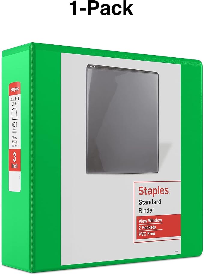 Staples Standard 3-Inch D-Ring Non-View Binder, Holds Up to 600 Sheets, Green, Large Capacity Binder for Office & School