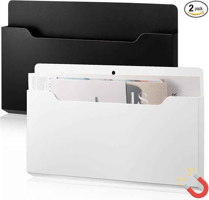 Feifeiya 2 Pcs Magnetic File Folder Wall Hanging Holder Large Pocket Paper Magazine Mail Organizer for Refrigerator Classroom Locker Whiteboard(Horizontal,Black White,13.8 x 8.3 Inches)