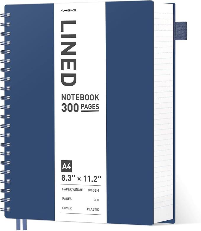 AHGXG Spiral Notebook College Ruled - Spiral Journal Notebook 8.5" x 11" Large A4, 300 Pages Lined Journal, 100GSM Thick Paper, Plastic Hardcover, for Women Men Office School Writing Work, Bule
