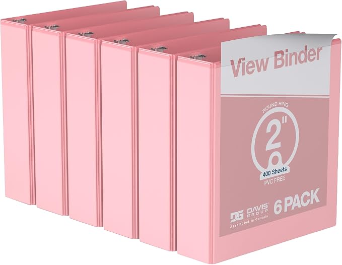 Pack of 6 Premium View Binders, Ring Binders with Clear-View Cover and Interior Pockets, Pastel Color Options, 2 Inch, Blush