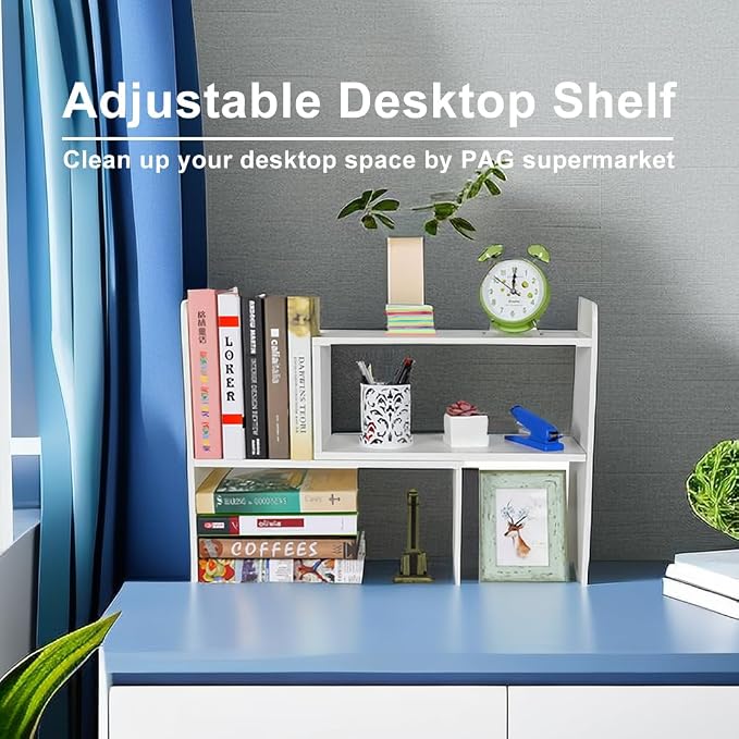 Desk Organizer Desktop Shelf Adjustable Countertop Bookshelf Small Table Shelves Book Organizer Office Organization for Desk, White