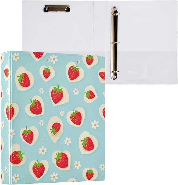 Aslsiy Floral Strawberry 3 Ring Binder 1.5 Inch Blue Dots Round Clipboard Decorative Harcover Binder Organizer for Office Supplies