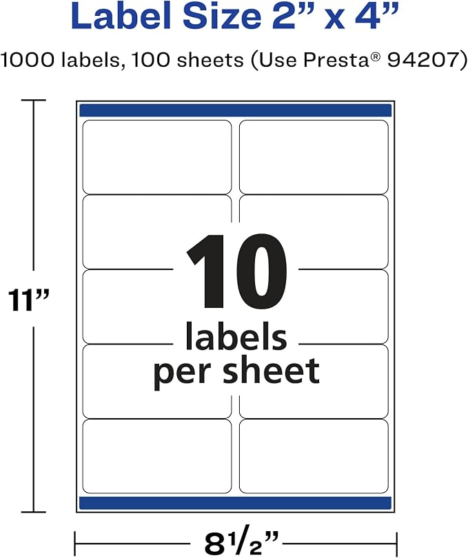 Avery Matte White Removable Rectangle Labels, Sure Feed Technology, 2" x 4", 1,000 Removable Labels, Laser/Inkjet Printable