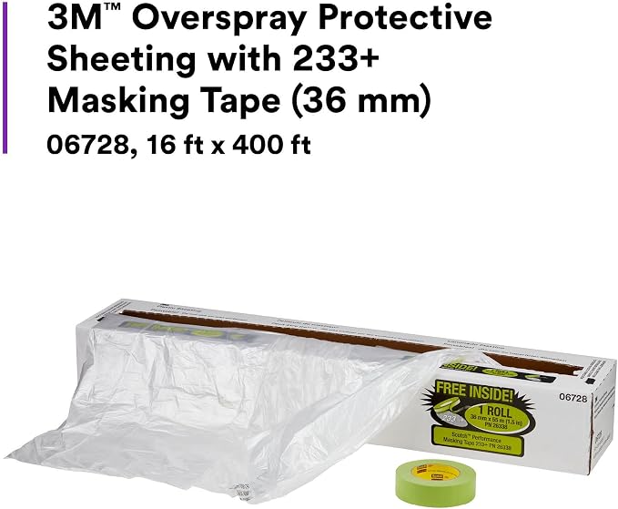 3M Overspray Protective Sheeting with 233+ Masking Tape (36 mm), 06728 | 16 ft x 400 ft; Translucent; Paintable; High Density; Tear Resistant