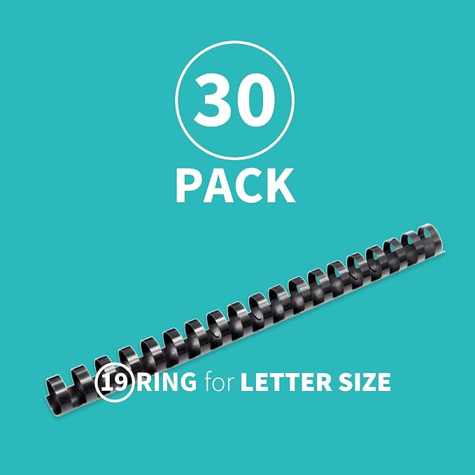 Binditek Plastic Binding Comb Spines, 3/4 Inch, 19 Ring, Black, 30 Pack | Plastic Binding Combs, 3/4 Inch Diameter, 150 Sheet Capacity, for Letter Size, for Students and Coworkers