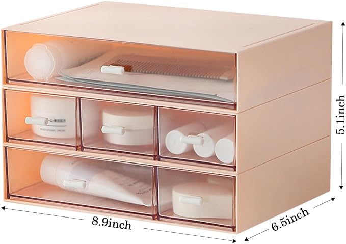 MILULUGO Desk Organizer with 6 Drawers, Makeup Organizer, Plastic Makeup Storage, Cosmetic Storage Organizer, Desk Storage Box, Bathroom Organization Boxes, Desktop Storage Box(Pink)