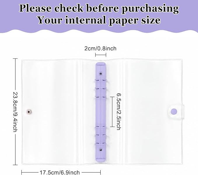 A5 Binder 6 Ring, Clear PVC Notebook Cover, Refillable Planner | Loose Leaf Budget Binder with Snap Button Closure, Round Ring Binder for School Office Home, 2 Pack, Purple and Pink