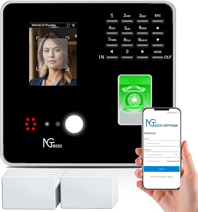 NGTeco Cloud Time Clock for Small Business, Real Remote Access, 4-in-1 Mode | Employee Time Clock with Face, Fingerprint, RFID, PIN Check-in, Software & App, Customizable Shift, 10 Cards, No Monthly Fee
