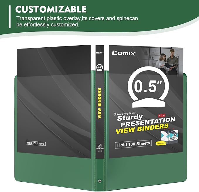 COMIX Sturdy 0.5 Inch 3 Ring Binder with Clear View Cover | 0.5"Heavy Duty Round Ring,PVC-Free Board,Holds 100 Letter Sheets,Wholesale for Offices & Classrooms,6 Pack (Green)