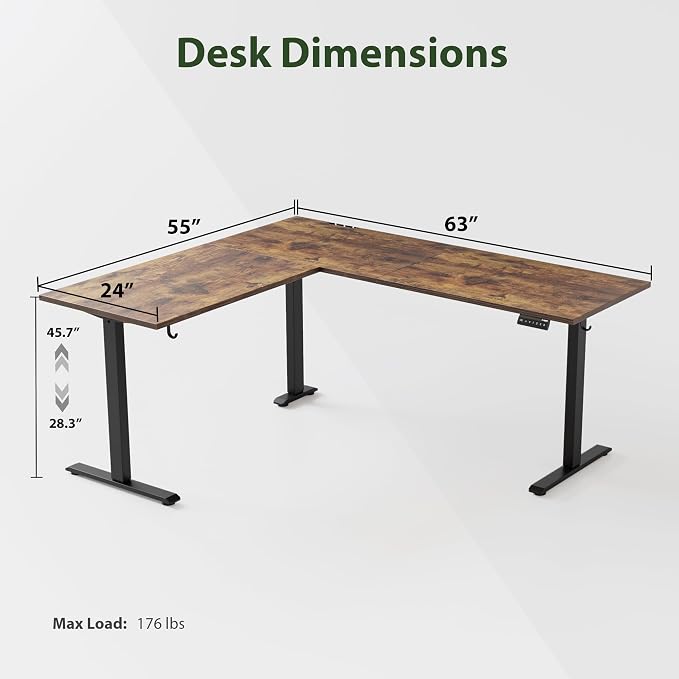 Agilestic 63 x 55 Inch L Shaped Electric Standing Desk, Rustic Brown | Corner Desk, Ample Workspace, Memory Presets, Hooks, Stable Steel Frame,176 lbs Capacity, Easy Assembly, Splice Board