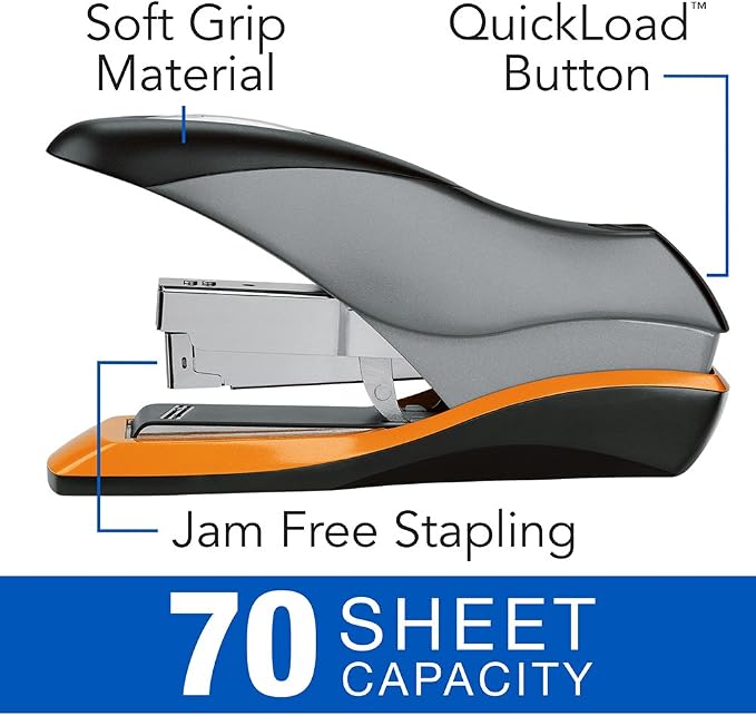 Swingline Stapler, 70 Sheet Capacity, Optima 70, Jam Free, Reduced Effort, Soft Grip, Metal, Silver/Black/Orange (87875), Full Strip 3/8" Staples (Pack of 3)