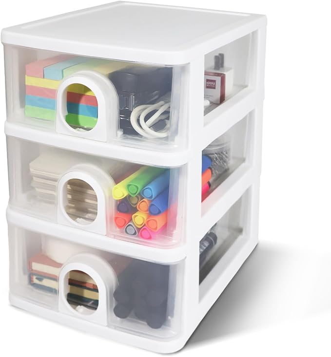 3-Drawer Clear Plastic Desk Organizer Small Stacking Storage Drawer | Organize Office Supplies, Stationery, Makeup, Craft materials, Accessories for Neat Desktop Storage (White)