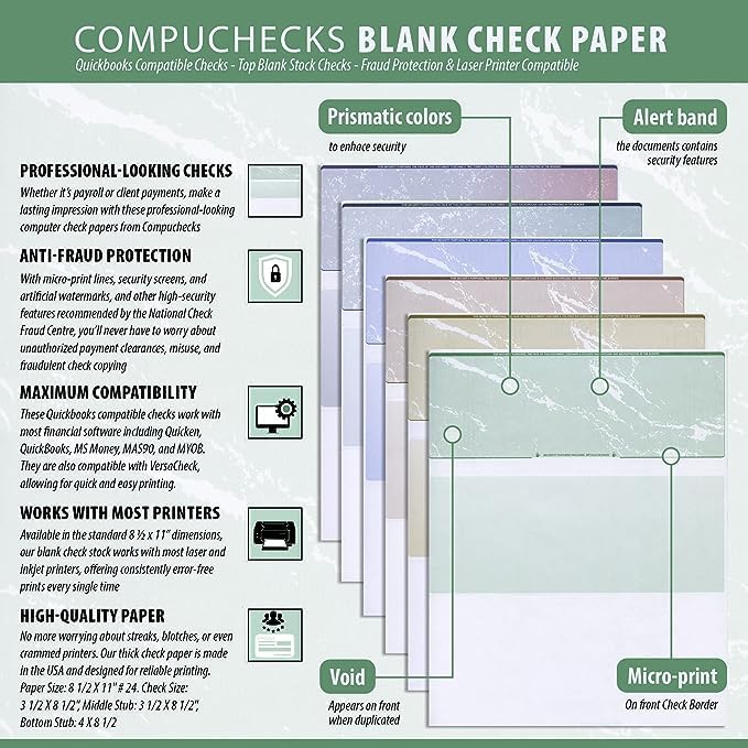 Compuchecks Top Blank Check Paper - 250 Pack, Quick-Books & Laser Printer Compatible - Security Business Checks with Voucher - 8.5" x 11" Gold Marble