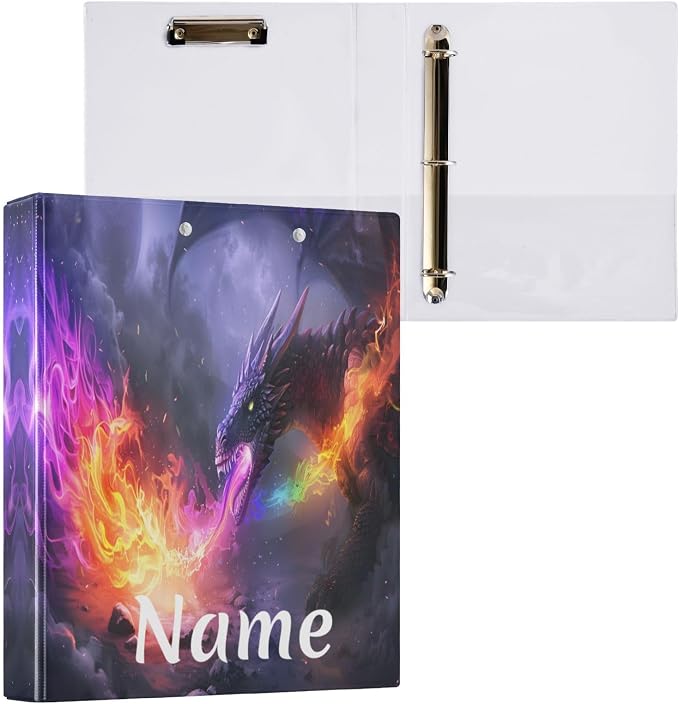 Custom 3 Ring Binder Dragon Spitting Fire 1.5" Round Ring Binders Personalized Name View Binder with 200 Sheet for Women Men Office Kids School Supplies, 1 Pack