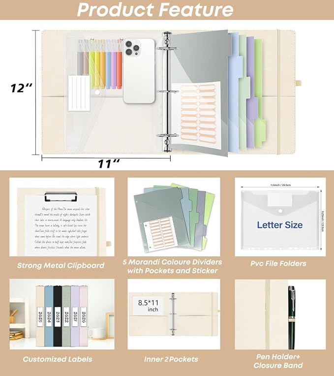 2 Inch 3 Ring Linen Binder Organizer, BVSSX Three Ring Binders with Clipboard, Plastic Folder, 5-Tabs Pocket Dividers with Sticker Labels, Pen Loop, Elastic Strap (Beige, Letter Size)