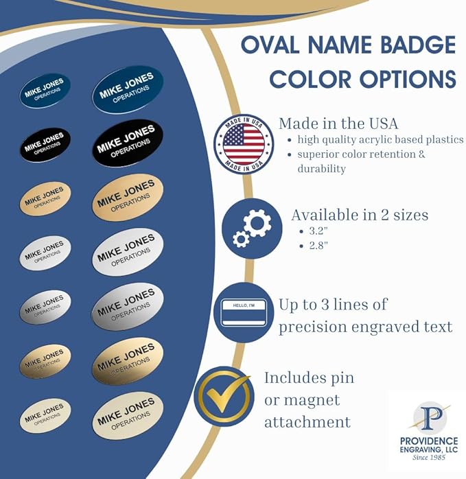 Custom Engraved Name Tag Badges – Personalized Identification with Pin or Magnetic Backing, 2.8 Inch Oval, Silver/Black