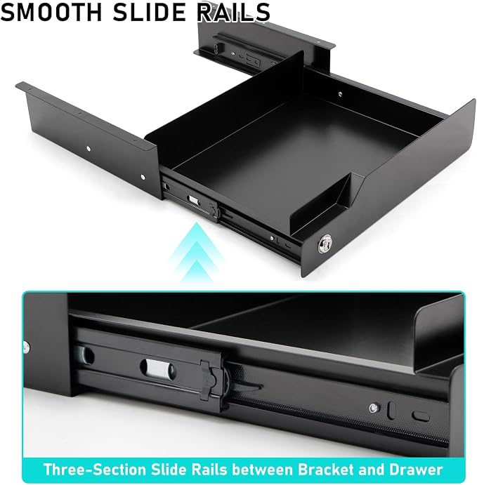 Under Desk Drawer Storage with Lock, Metal Undermount Table Drawer, Ball Bearing Slides Out Tray Organizer for Paper, Pencil, and Laptop 16"x11.8"x3.6", Black