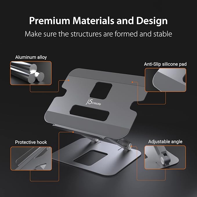 j5create Multi-Angle Aluminum Laptop Stand, Ergonomic Notebook Riser, Suitable for MacBook, Dell, HP, Lenovo, Fits Most laptops up to 16" (JTS127)
